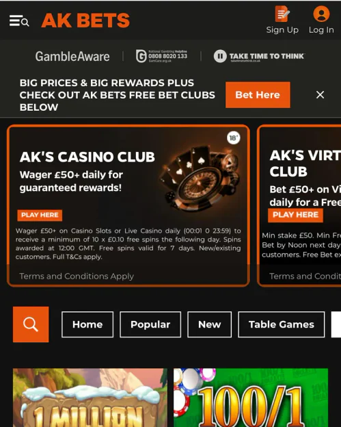 AK Bets home screen with the Big Prices and Free Bet Clubs banner